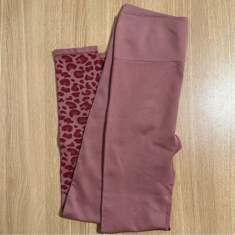 Fabletics Pink Leopard Ribbed High Waisted Leggings